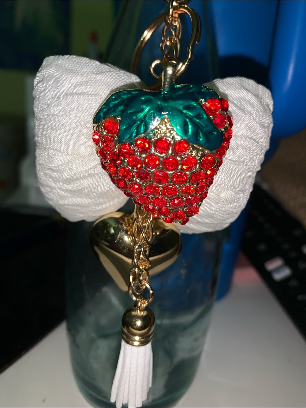 Handmade strawberry Bow purse/bag charm keychain with heart and tassel